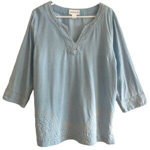 Peck & Peck Women's Tunic Top 3/4 Sleeve Embroidered V-Neck Lyocell Blue- M